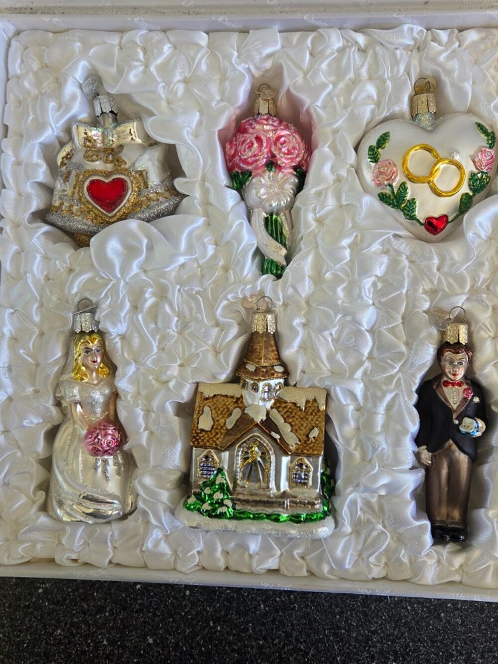 Old World Christmas Set of 6 Blown Glass Wedding Ornaments in Keepsake Satin Box